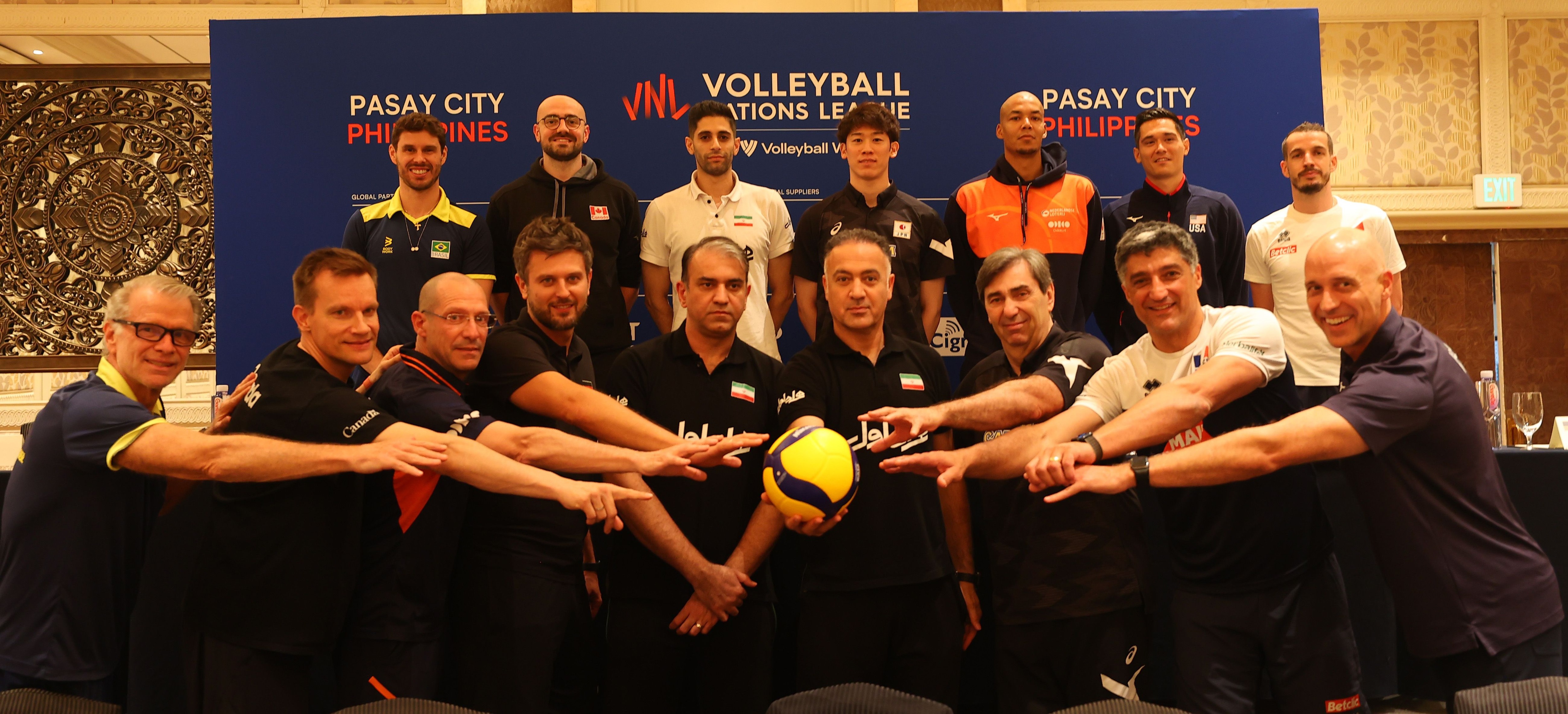 The captains and coaches of teams participating in Week 3 of the Volleyball Nations League (VNL) men's tournament, June 17, 2024 in Makati City. Nonie Reyes, PNVF pool.